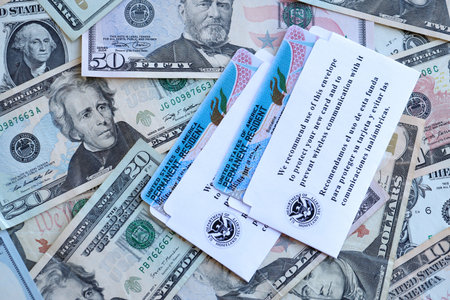 Permanent resident green cards lies on many dollar bills close upの写真素材