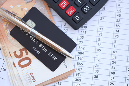 Credit card and pen with euro currency money bills banknotes on calculations document background. Business, financial operations and accounting in European Unionの写真素材