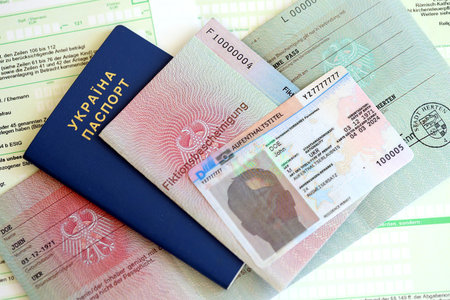 KYIV, UKRAINE - AUGUST 31, 2025 German Permanent resident card and document specimen lies with Ukrainian passport on tax form close up. Aufenthaltstitel and Fiktionsbescheinigungのeditorial素材