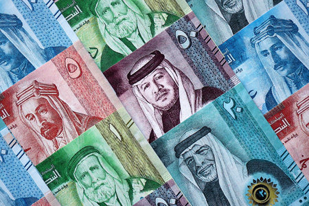 Jordanian Dinar currency money bills. JOD currency banknotes in big amount with different denomination close upの写真素材
