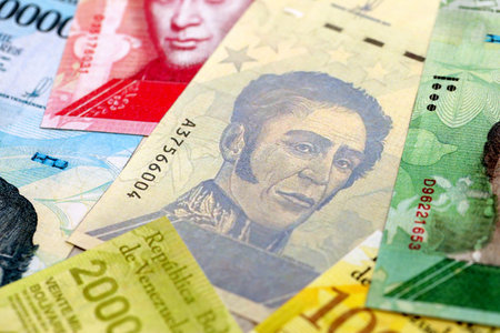 Venezuelan Bolivar currency money bills in bunch. VED currency banknotes with different denomination close upの写真素材