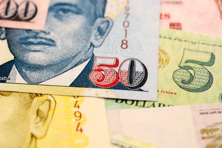 Singapore Dollar currency money bills. SGD currency banknotes in stack with different denomination...