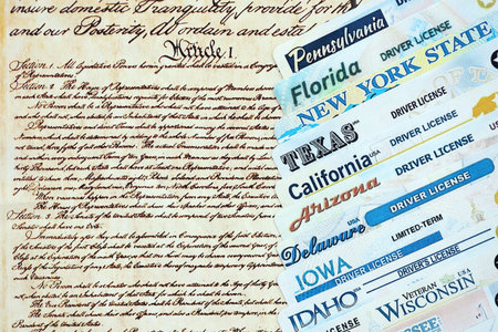 Big amount of driving licenses from different USA states on constitution page. Stack of driving...