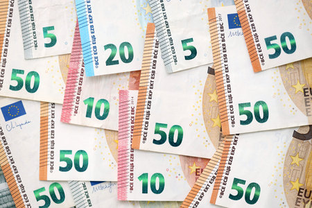 European Union Euro currency money bills. EUR currency banknotes in arrange with different...