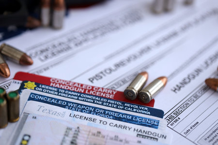 USA firearms license and handgun with bullets on US Constitution. Gun permit and Constitution second amendment conceptの写真素材