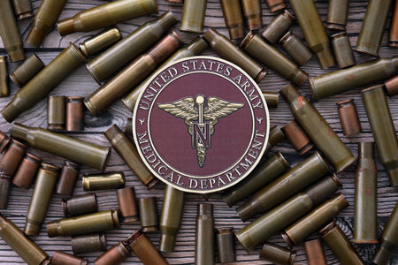 KYIV, UKRAINE - OCTOBER 7, 2025 United States Army Medical Department on many bullet shells close upのeditorial素材