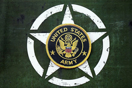 KYIV, UKRAINE - OCTOBER 7, 2025 United States Army patch on army metal surface close up