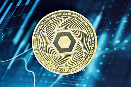 KYIV, UKRAINE - OCTOBER 9, 2025 Chainlink cryptocurrency coin sticker on blue candles chart banner. Concept of modern crypto moneyのeditorial素材
