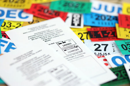 KYIV, UKRAINE - OCTOBER 1, 2025 Instructions on many United States car registration tag stickers in big pile close upのeditorial素材