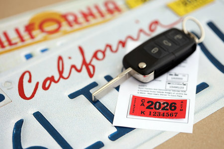 KYIV, UKRAINE - OCTOBER 1, 2025 California car registration tag new red sticker for 2026 year on license plate close upのeditorial素材