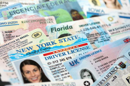 KYIV, UKRAINE - OCTOBER 1, 2025 Many driver license cards specimens in big pile close up. Driving permit expiration conceptのeditorial素材