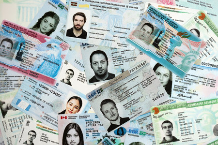 KYIV, UKRAINE - OCTOBER 1, 2025 Many permanent resident or residence permit cards specimens in big pile close upのeditorial素材