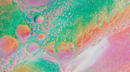 Dynamic abstract swirls blend pink, aqua, and orange, creating sense of fluidity. Touches of glittery texture add sparkle. Flowing movement evokes energy. Neural network AI generatedの素材