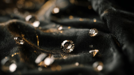 Shimmering diamonds scattered across luxurious black silk. Soft focus creates ethereal, sparkling ambiance. Warm lighting enhances elegance, highlighting textured fabric. Neural network AI generatedの素材