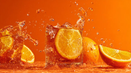 Dynamic image of sliced orange mid-splash with droplets against vivid orange backdrop. Fresh and energetic, showcasing citrus vitality from close-up angle. Neural network AI generatedの素材