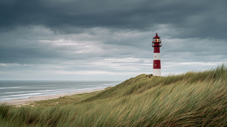 Tall striped lighthouse stands surrounded by coastal sand dunes under cloudy sky. Soft natural light, muted tones create serene coastal atmosphere. Neural network AI generatedの素材
