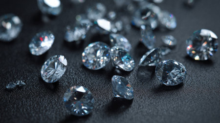 Close-up of various diamonds scattered on dark surface, showcasing brilliant light refraction and vivid color reflections under soft lighting. Neural network AI generatedの素材