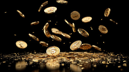 Gold coins levitate against dark backdrop, highlighting shine and detail. Dramatic lighting enhances texture, creating sense of motion and elegance. Neural network AI generatedの素材