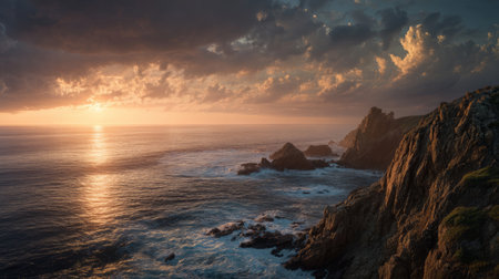 Stunning sunset casts vibrant hues over rocky coastline. Waves crash against cliffs under dramatic sky with scattered clouds. Captured at horizon view. Neural network AI generatedの素材