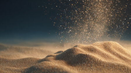 Sand dune close-up with glistening particles in warm lighting, evoking mystical atmosphere. Smooth surface contrasts with dynamic particle movement. Neural network AI generatedの素材