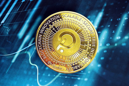 KYIV, UKRAINE - OCTOBER 9, 2025 Polkadot cryptocurrency coin sticker on blue candles chart banner. Concept of modern crypto moneyのeditorial素材