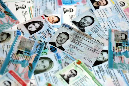 KYIV, UKRAINE - OCTOBER 1, 2025 Many permanent resident or residence permit cards specimens in big pile close upのeditorial素材