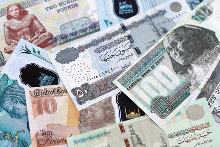 Egyptian pound currency money bills. The current banknotes lies on table in big amount close upの写真素材
