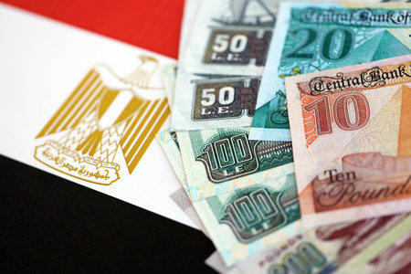 Egyptian pound currency money bills lies on flag close up. The concept of business and investmentの写真素材