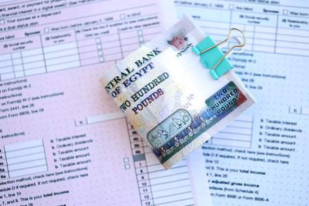 Egyptian pound money bills on tax form close up. Taxation and accounting concept