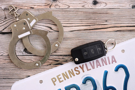 Remote control car keys on Pennsylvania license plate and handcuffs.の写真素材