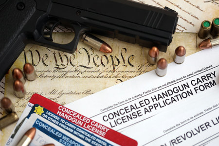 USA firearms license and handgun with bullets on US Constitution. Gun permit and Constitution second amendment conceptの写真素材