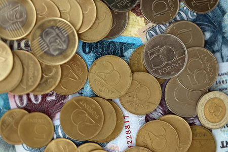 Big amount of Hungarian Forint currency money bills and coins. HUF currency banknotes and coins...
