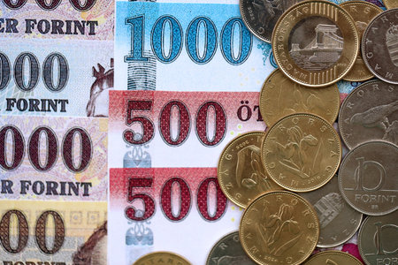 Bunch of Hungarian Forint currency money bills and coins. HUF currency banknotes and coins close up