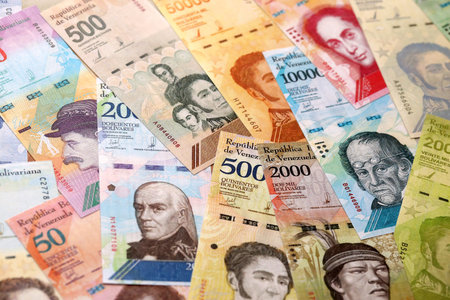 Venezuelan Bolivar currency money bills in stack. VED currency banknotes with different denomination close upの写真素材