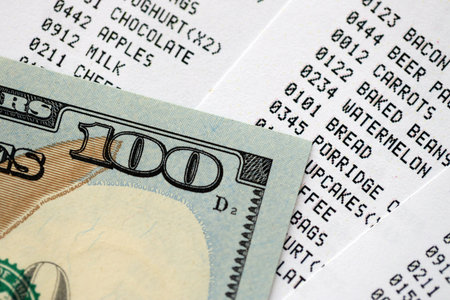 Money lose change after store visit with the store receipt. Supermarket check receipt and one...
