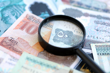 Egyptian pound currency money bills and magnifying glass close up. The concept of financial...