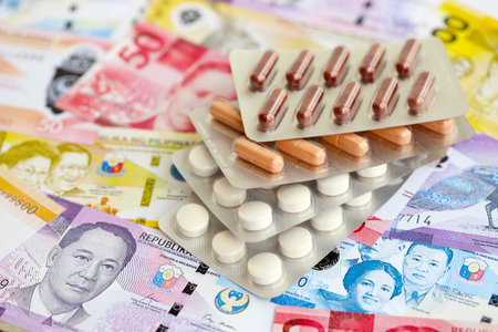 Philippines peso currency money bills and medicine pills close up. The concept of medicine and pharmacyの写真素材
