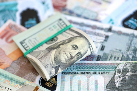 Egyptian pound currency money bills and bunch of us dollar banknotes close up. The concept of...