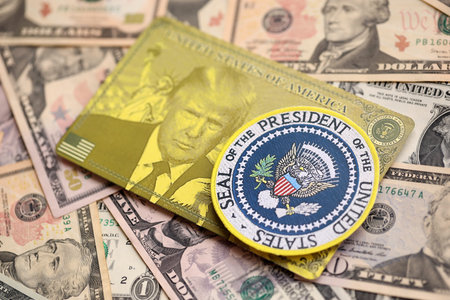KYIV, UKRAINE - DECEMBER 13, 2025 Trump gold card and Seal of US president on big amount of US...