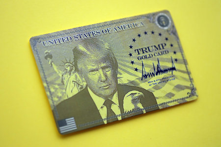KYIV, UKRAINE - DECEMBER 13, 2025 Trump gold card souvenir on yellow color background surface close...