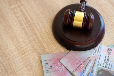 German temporary Permanent resident card lies with judge hammer close up. Fiktionsbescheinigung and...