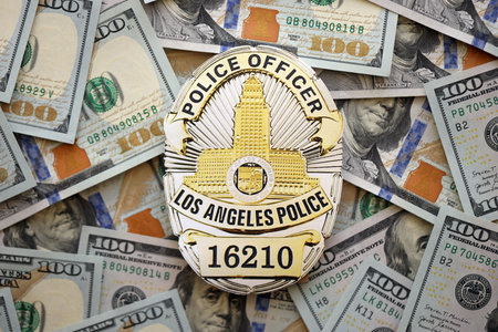 KYIV, UKRAINE - SEPTEMBER 17, 2025 US LAPD Police officer badge on United States dollar bills close upのeditorial素材