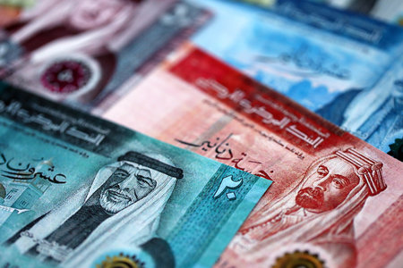 Jordanian Dinar currency money bills. JOD currency banknotes in stack with different denomination...