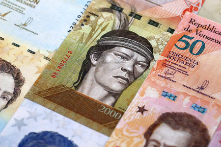 Venezuelan Bolivar currency money bills in big amount. VED currency banknotes with different...
