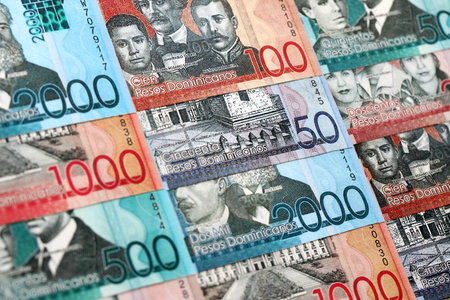 Dominican Republic Pesos currency money bills. DOP currency banknotes in arrange with different...