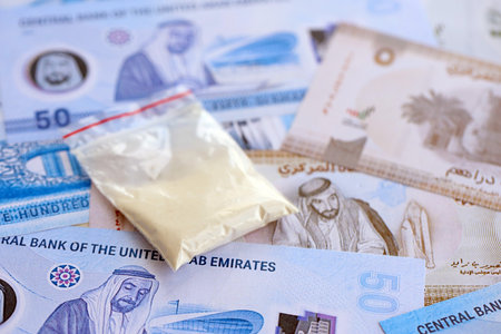 United Arab Emirates dirham currency money bills close up.