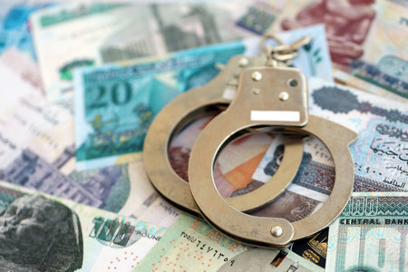 Egyptian pound currency money bills and handcuffs close up. The concept of criminal