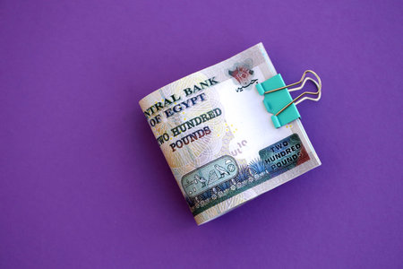 Egyptian pound money bills in big amount on purple close up. Finance and banking concept