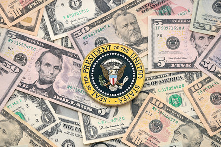 KYIV, UKRAINE - DECEMBER 13, 2025 Seal of the President of the United States sticker on big amount...