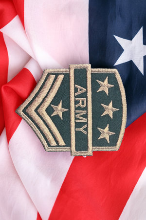 KYIV, UKRAINE - OCTOBER 7, 2025 United States Army patch on United States flag close up